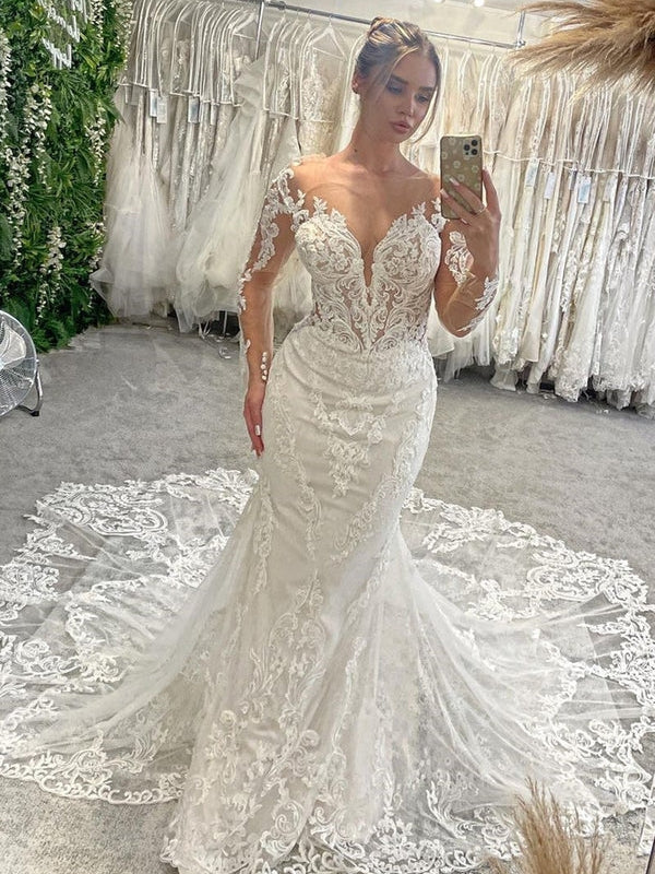 Long Sleeve Deep V Illusion Lace Low Open Back Mermaid Wedding Dress