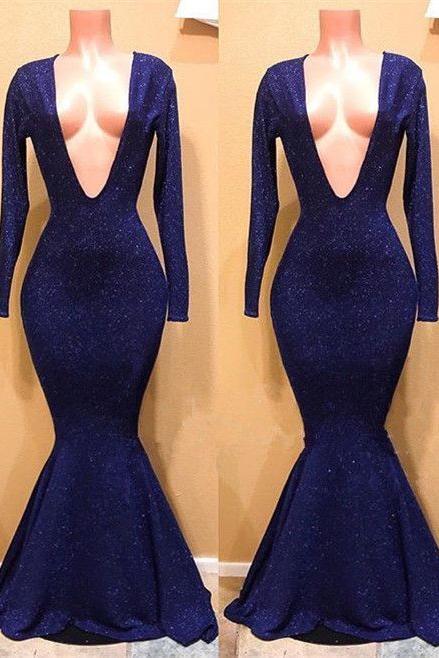 Chic V-Neck Long Sleevess Mermaid Sequins Prom Dresses
