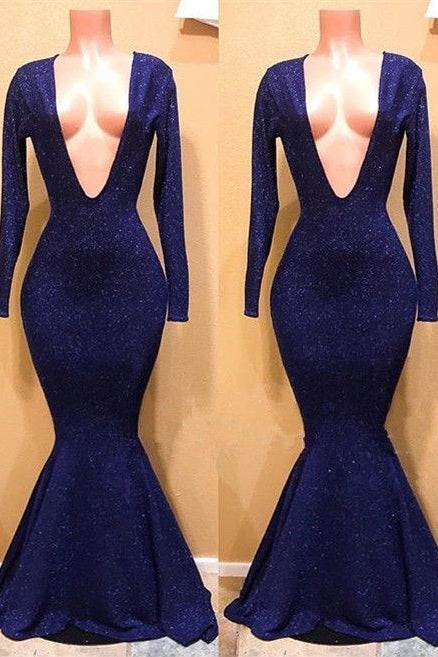 Chic V-Neck Long Sleevess Mermaid Sequins Prom Dresses