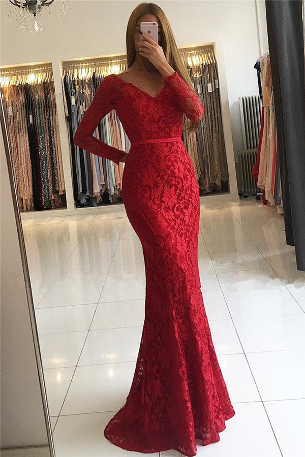 Chic V-Neck Open Back Scarlet Lace Evening Dresses Elegant Long Sleeves Fit and Flare Wholesale Prom Dresses