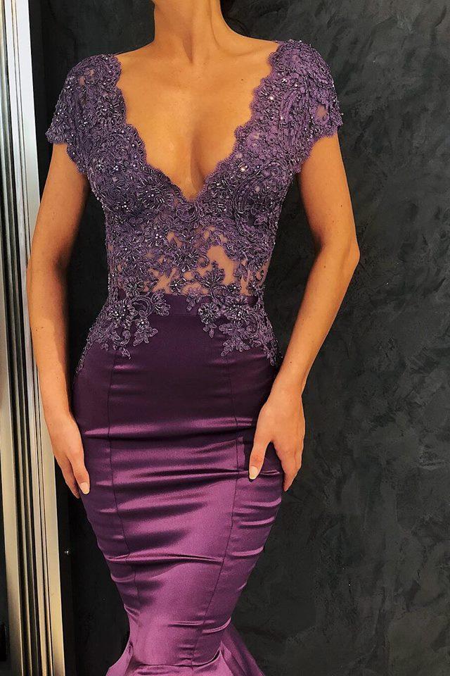 Chic V-Neck Short Sleeves Evening Dresses Mermaid Beadings Long Formal Dresses