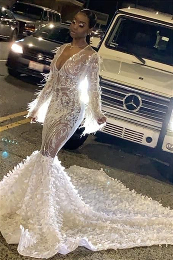 Chic V-Neck Sparkle Beads Appliques Prom Dresses Long Sleeves Alluring Fit and Flare Evening Gowns