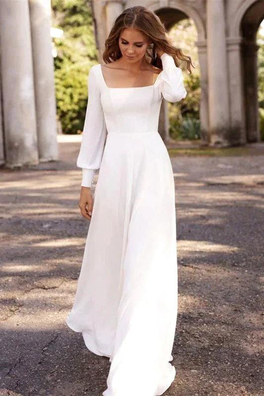 Chic White Satin Long Sleeves A-Line Wedding Dresses Long (ZD16409)