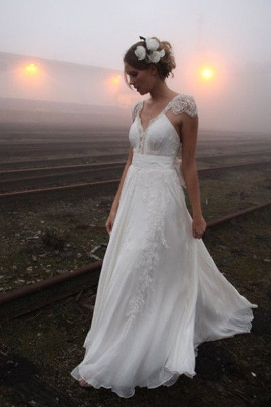 Chiffon A-Line Sleeveless V-Neck Floor-Length Lace Wedding Dresses