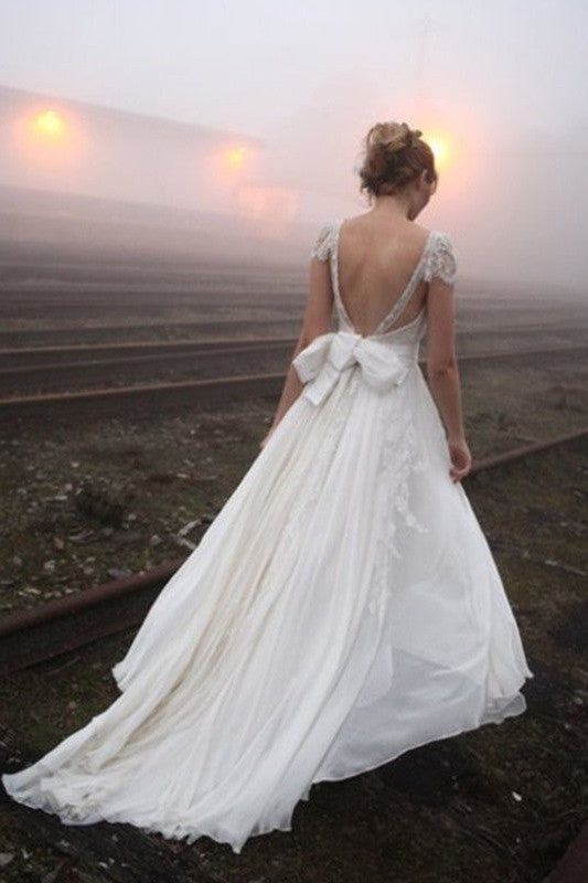 Chiffon A-Line Sleeveless V-Neck Floor-Length Lace Wedding Dresses