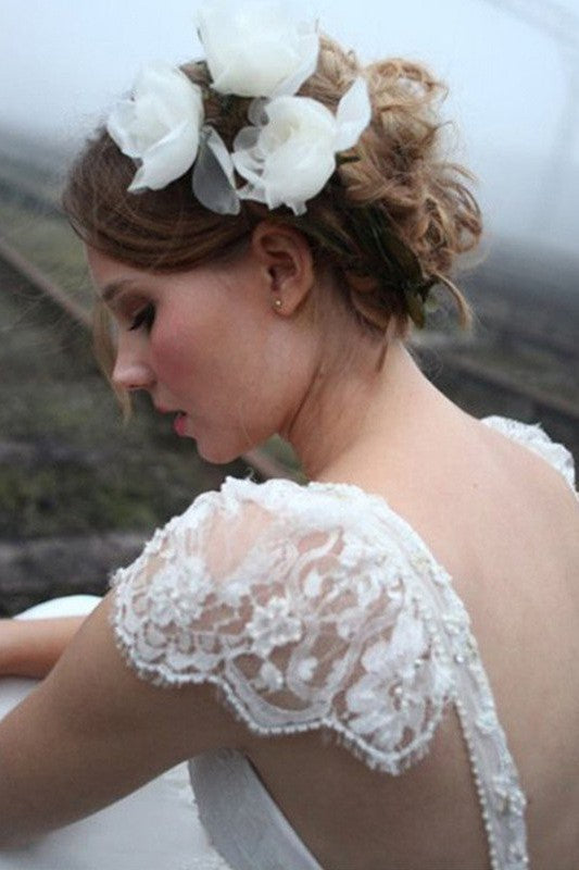 Chiffon A-Line Sleeveless V-Neck Floor-Length Lace Wedding Dresses