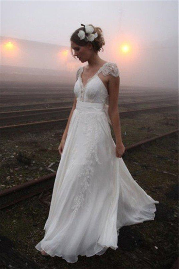 Chiffon A-Line Sleeveless V-Neck Floor-Length Lace Wedding Dresses