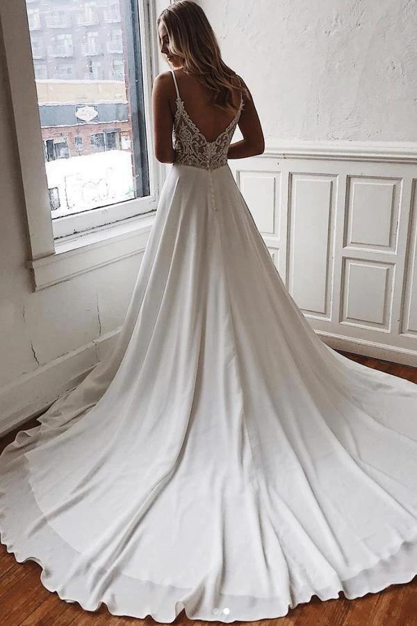 Chiffon A-line V-neck Lace Spaghetti Straps Wedding Dress with Sweep Train (ZD16342)