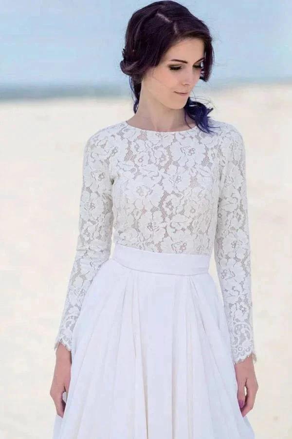 Chiffon Lace Long Sleeve White Zipper Beach Wedding/Bridal Dress (ZD15312)