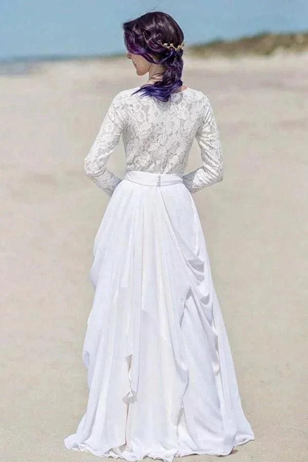 Chiffon Lace Long Sleeve White Zipper Beach Wedding/Bridal Dress (ZD15312)