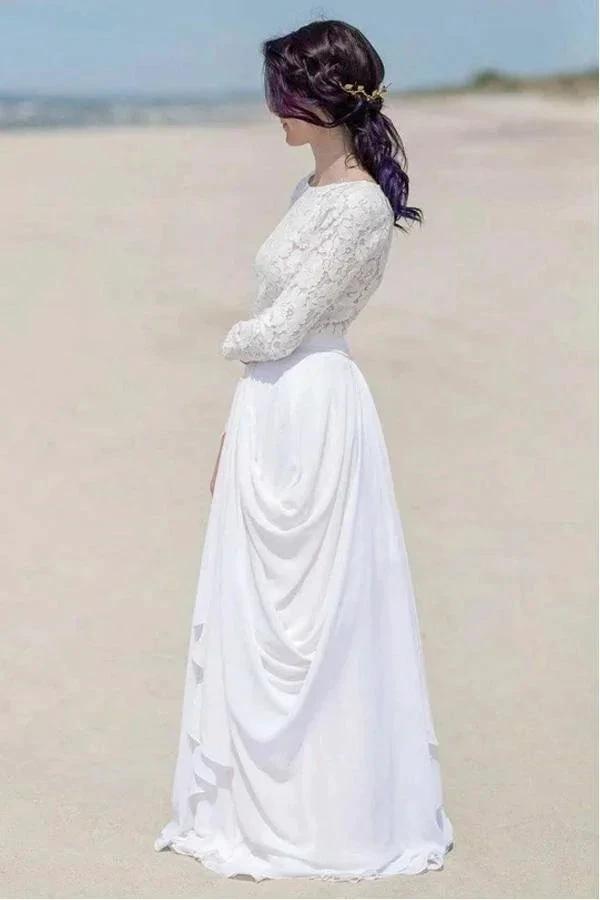 Chiffon Lace Long Sleeve White Zipper Beach Wedding/Bridal Dress (ZD15312)