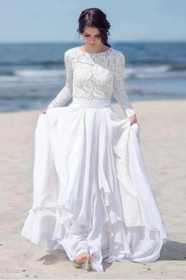 Chiffon Lace Long Sleeve White Zipper Beach Wedding/Bridal Dress (ZD15312)
