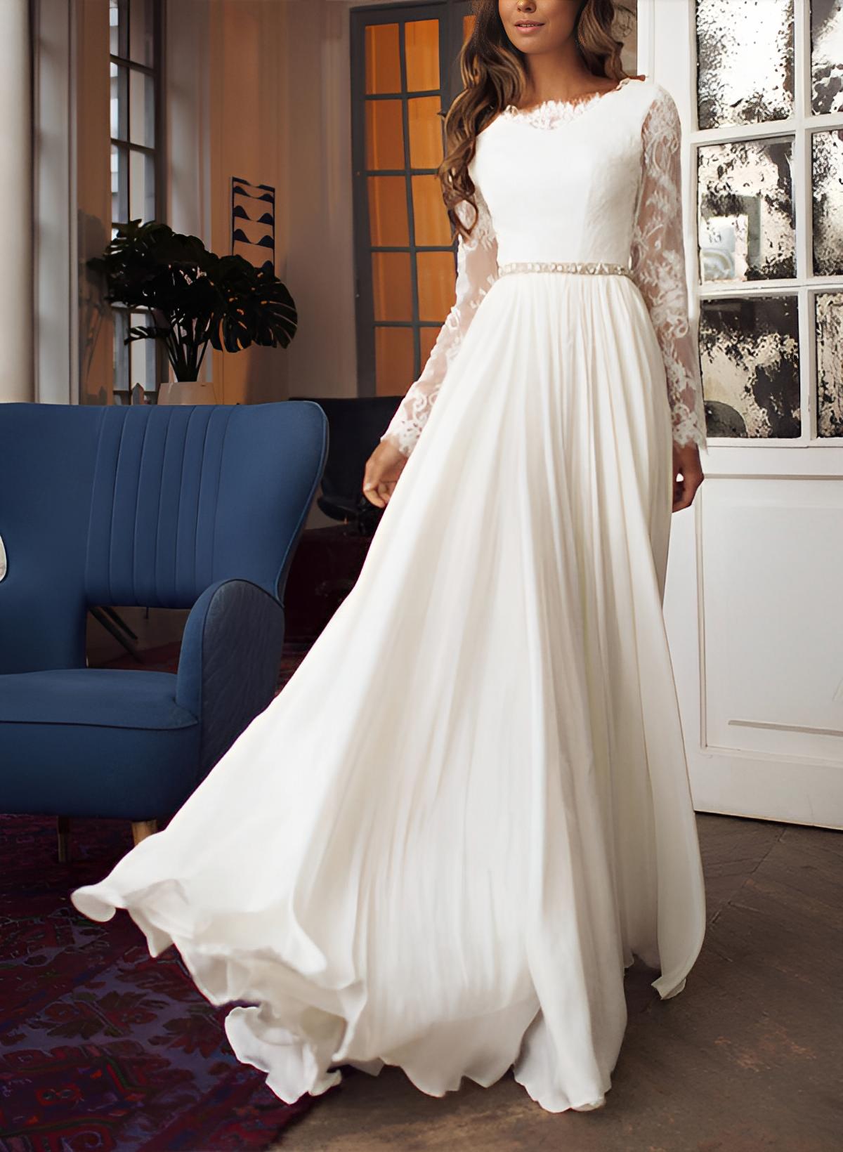 Chiffon Lace Wedding Dress Long Sleeves Sweep Train