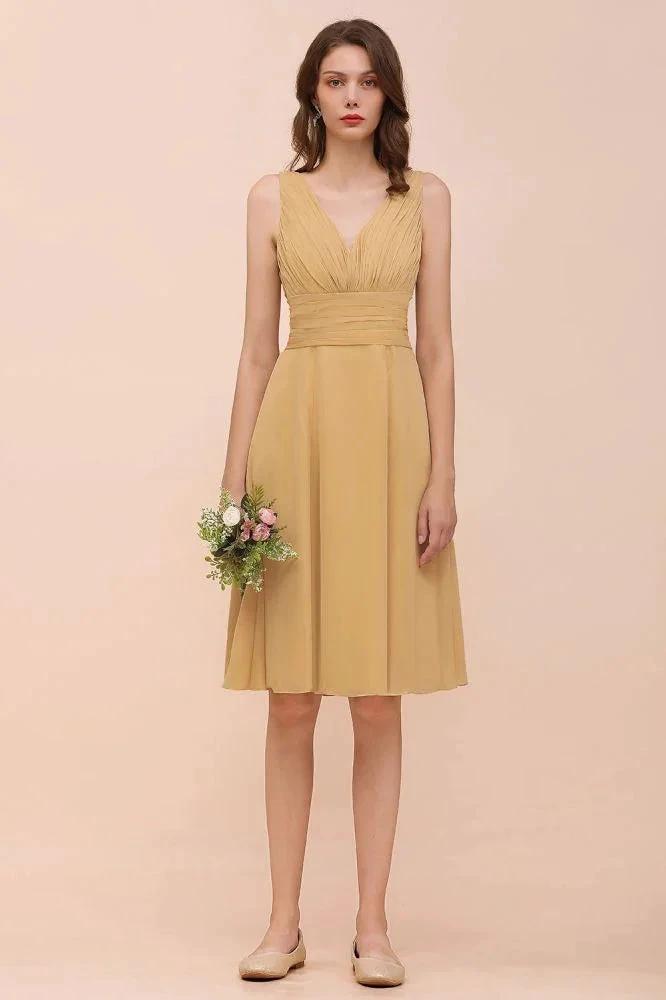 Chiffon Mini Golden Bridesmaid Dress Daily Casual Dress Sleeveless V-neck (ZD12997)