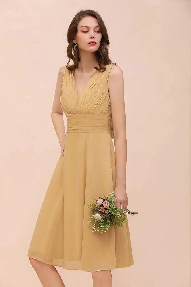Chiffon Mini Golden Bridesmaid Dress Daily Casual Dress Sleeveless V-neck (ZD12997)