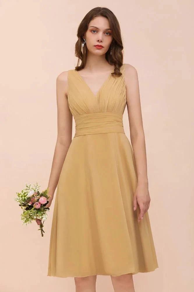 Chiffon Mini Golden Bridesmaid Dress Daily Casual Dress Sleeveless V-neck (ZD12997) - View 8 | VelvetHem