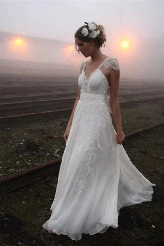 Chiffon Sleeveless V-Neck Lace Wedding Dress (ZD13846)