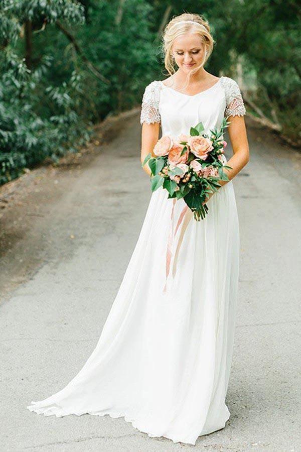 Chiffon V-neck Neckline A-line Wedding Dress With Beadings (ZD16365)