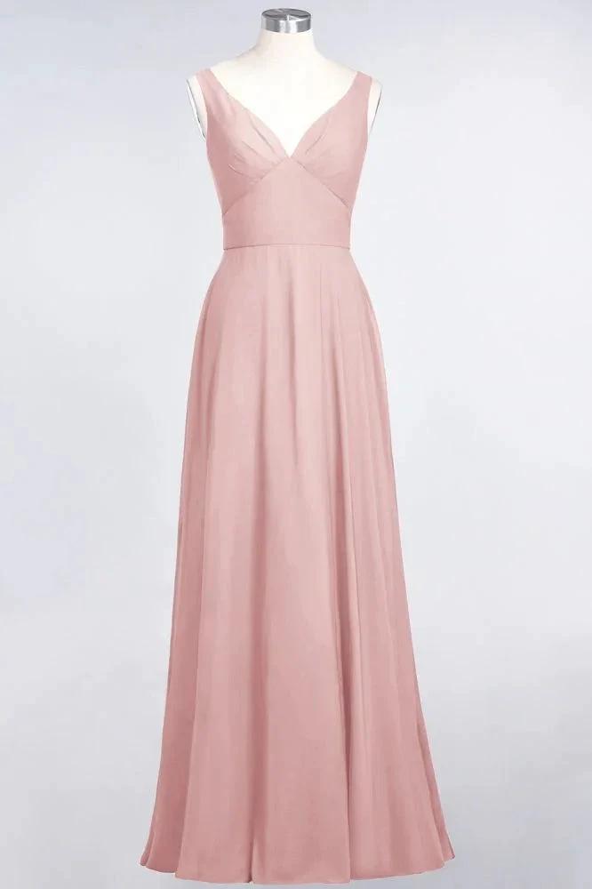 Chiffon V-Neck Straps Sleeveless Ruffles Floor-Length Bridesmaid Dress with Open Back by misshow.com