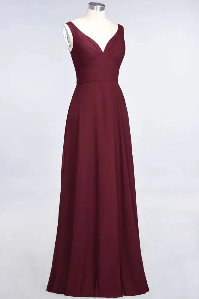 Chiffon V-Neck Straps Sleeveless Ruffles Floor-Length Bridesmaid Dress with Open Back by misshow.com