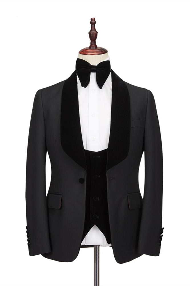 Claassic Stitching Velvet Shawl Lapel Black One Button Men Formal Wedding Suit Tuxedos Online
