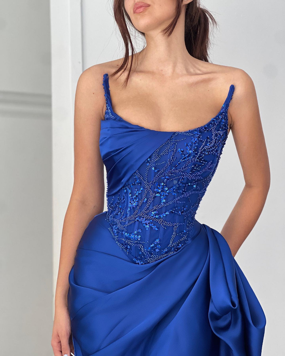 Classic A-Line Ruffles Sleeveless Square Satin Oceanblue Prom Dress