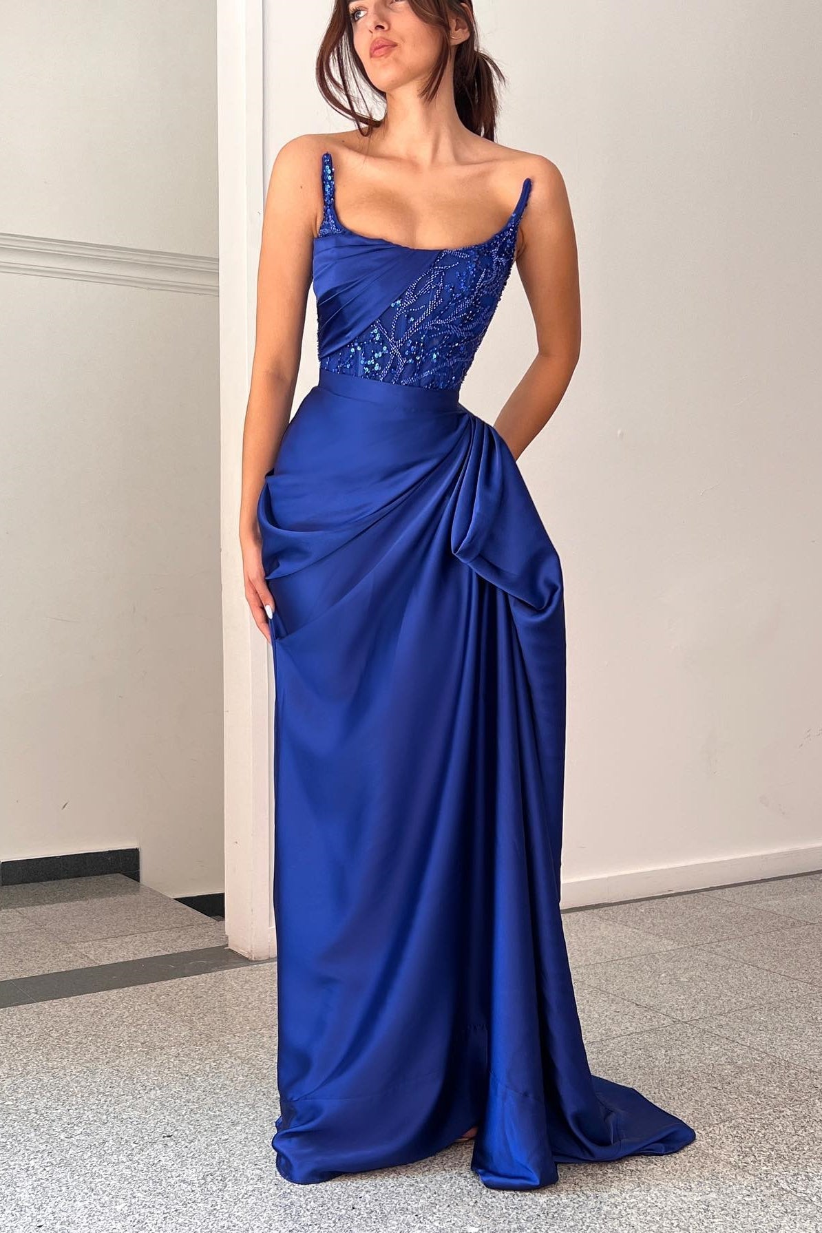 Classic A-Line Ruffles Sleeveless Square Satin Oceanblue Prom Dress