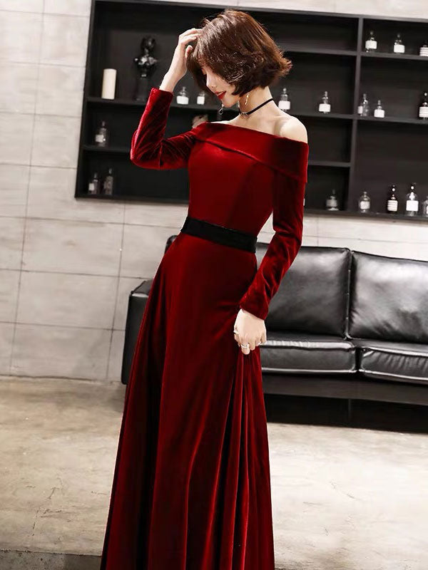 Classic Evening Dresses Velvet Long Sleeve Off-the-Shoulder Maxi Dresses