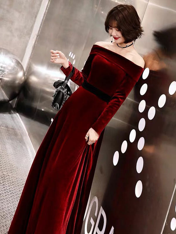 Classic Evening Dresses Velvet Long Sleeve Off-the-Shoulder Maxi Dresses
