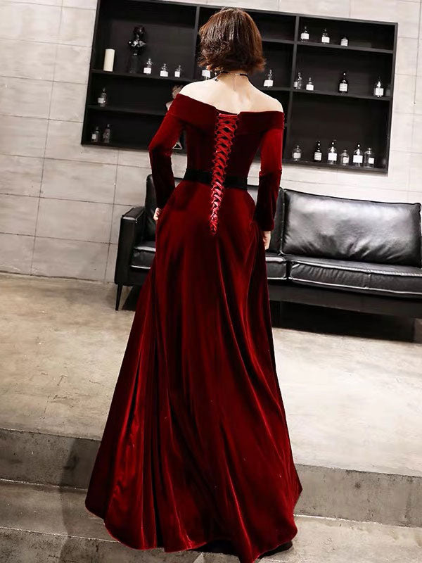 Classic Evening Dresses Velvet Long Sleeve Off-the-Shoulder Maxi Dresses
