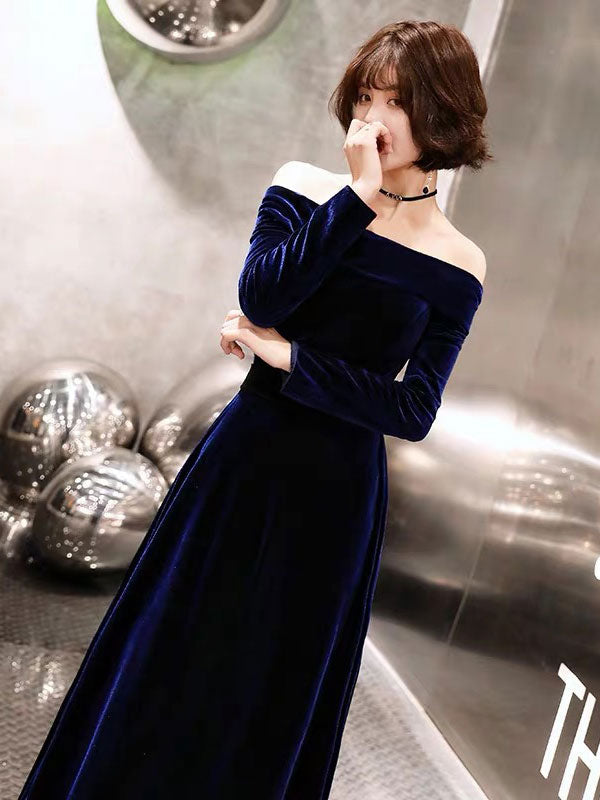 Classic Evening Dresses Velvet Long Sleeve Off-the-Shoulder Maxi Dresses