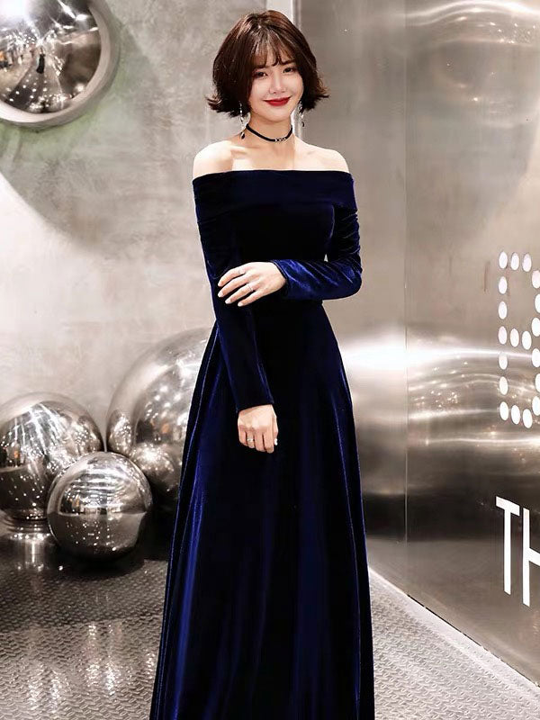 Classic Evening Dresses Velvet Long Sleeve Off-the-Shoulder Maxi Dresses