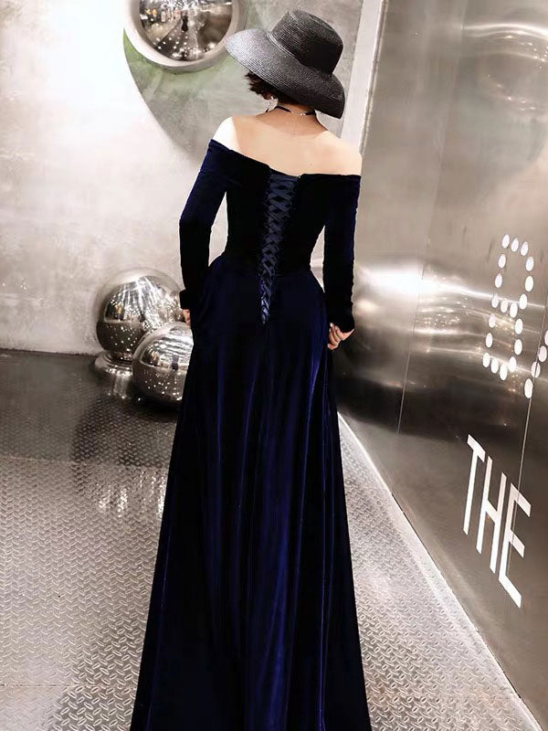 Classic Evening Dresses Velvet Long Sleeve Off-the-Shoulder Maxi Dresses