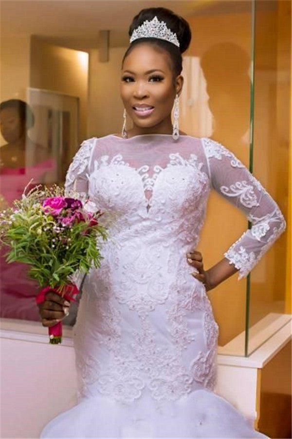 Classic Jewel Long Sleeves Tulle Lace Long Wedding Dress with Court Train