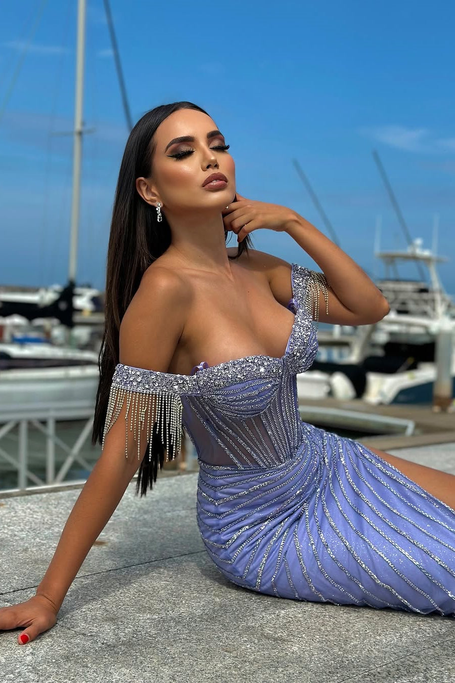 Classic Lavender Sweetheart Off-The-Shoulder Mermaid Prom Dresses Sheath Gem With Side Split