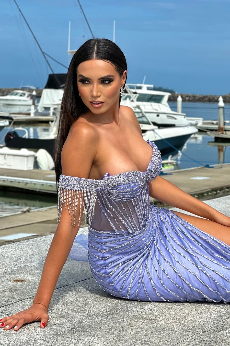 Classic Lavender Sweetheart Off-The-Shoulder Mermaid Prom Dresses Sheath Gem With Side Split