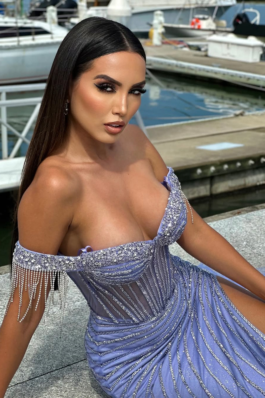 Classic Lavender Sweetheart Off-The-Shoulder Mermaid Prom Dresses Sheath Gem With Side Split