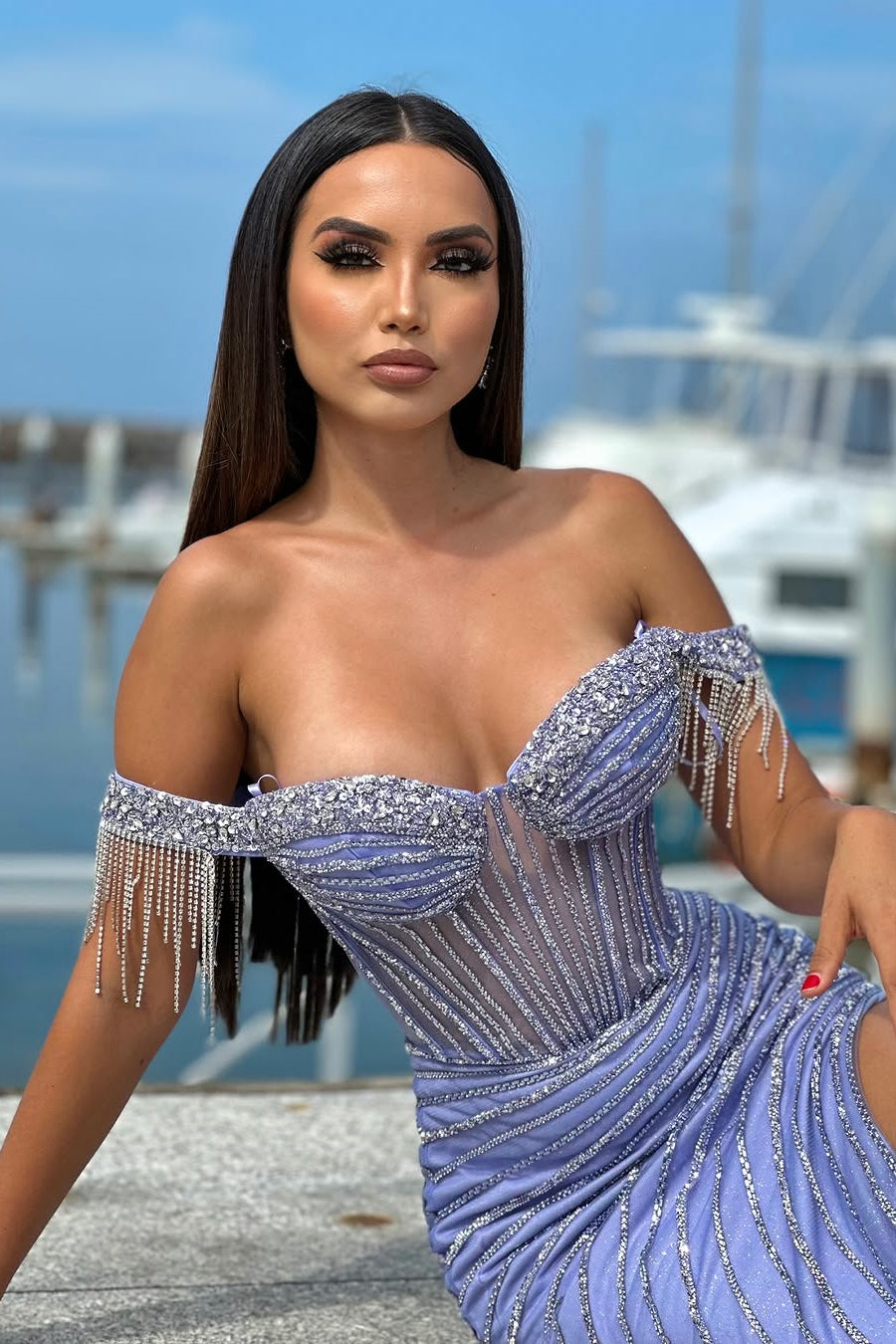 Classic Lavender Sweetheart Off-The-Shoulder Mermaid Prom Dresses Sheath Gem With Side Split