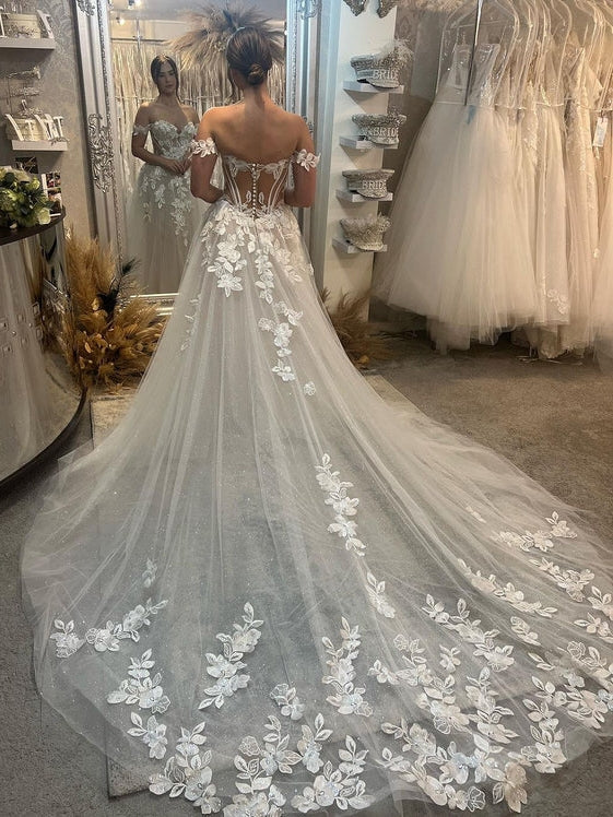 Off-The-Shoulder Illusion Corset Back Floral Lace Applique A-Line Tulle Wedding Dress