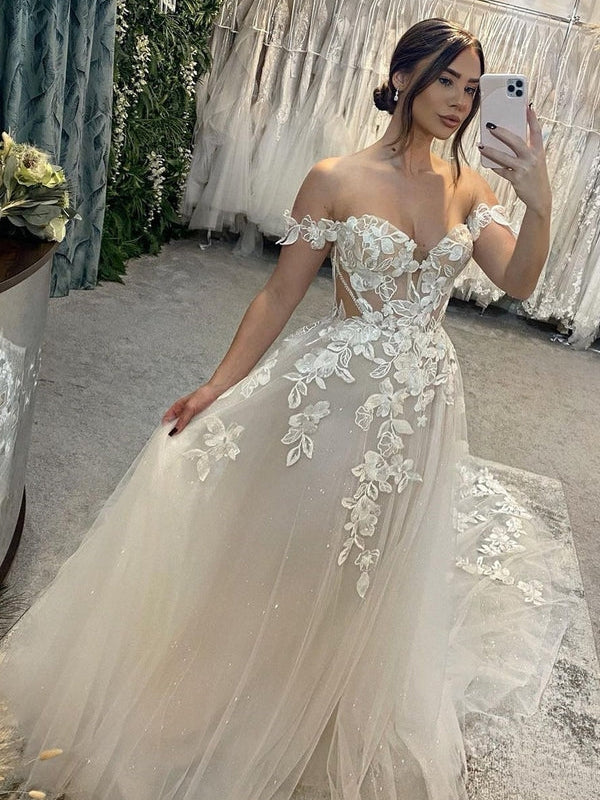 Off-The-Shoulder Illusion Corset Back Floral Lace Applique A-Line Tulle Wedding Dress