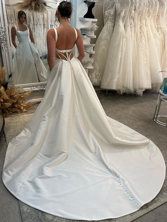 Square Neck Spaghetti Strap Satin A-Line Low Back Wedding Dress With High Slit Chapel Train