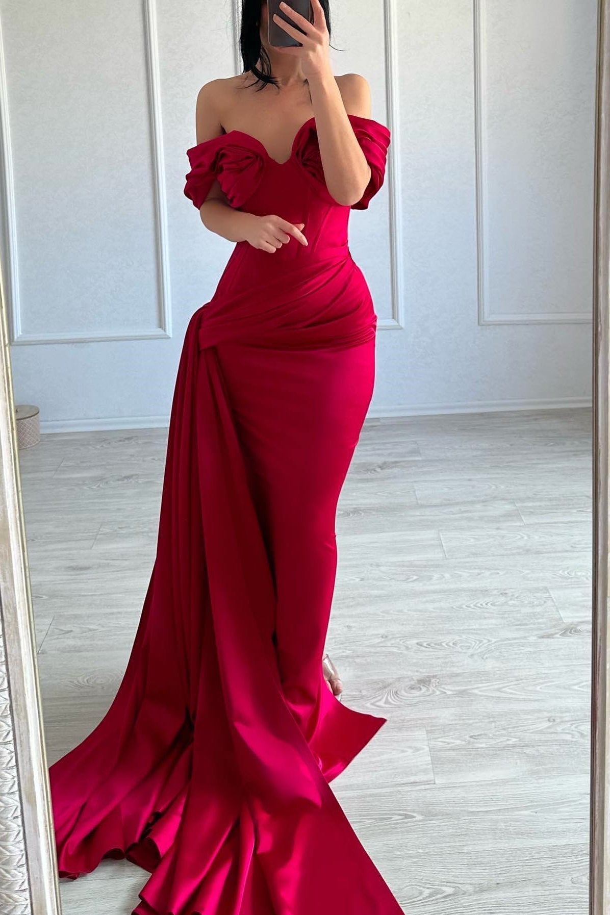 Classic Long Mermaid Off-the-shoulder Sleeveless V-Neck Satin Fuchsia Prom Dress
