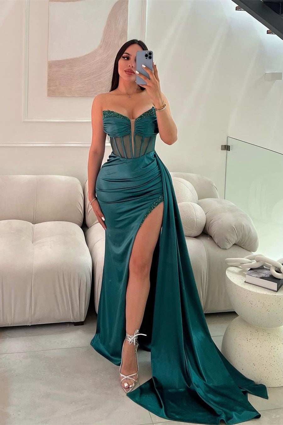 Classic Long Mermaid Sleeveless Glitter Prom Dress With Slit