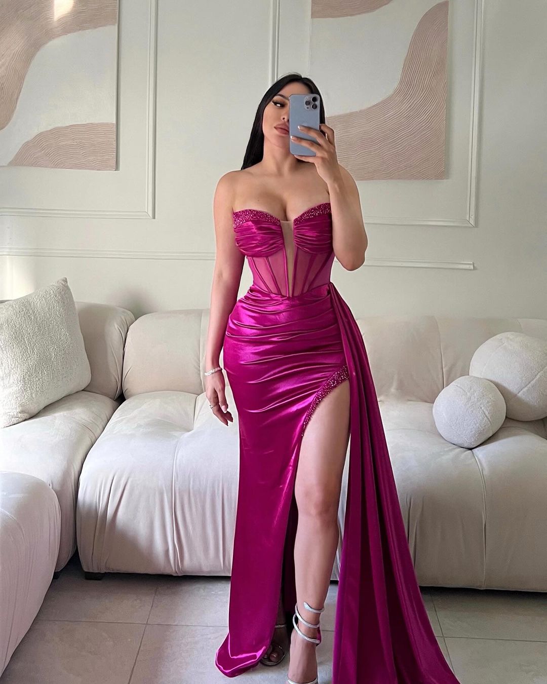 Classic Long Mermaid Sleeveless Glitter Prom Dress With Slit