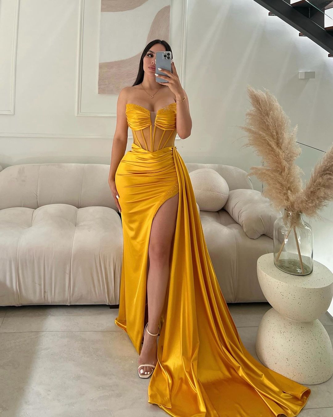 Classic Long Mermaid Sleeveless Glitter Prom Dress With Slit