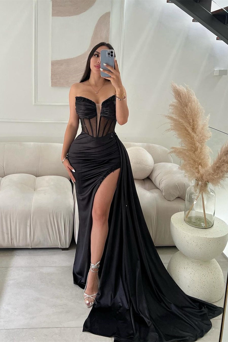 Classic Long Mermaid Sleeveless Glitter Prom Dress With Slit