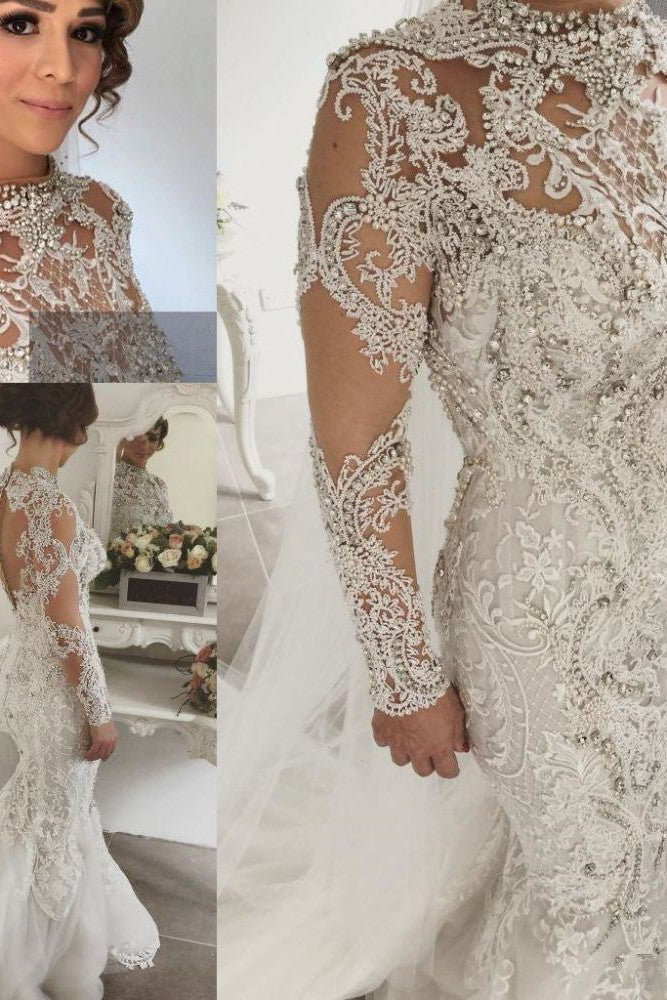 Classic Mermaid Long Sleevess Lace High Neck Crystal Wedding Dresses Modern Beading Bridal Gowns With Buttons