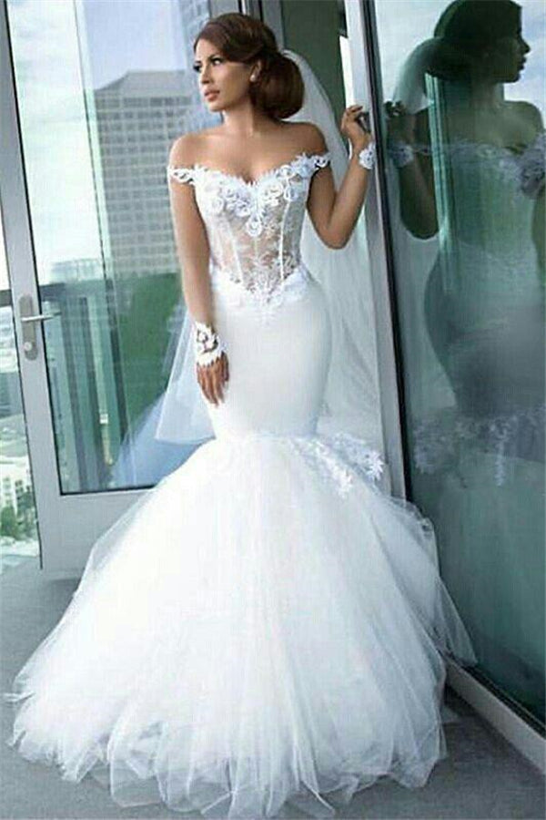 Classic Off-the-Shoulder Tulle Mermaid Appliques Long Sleeves Wedding Dress