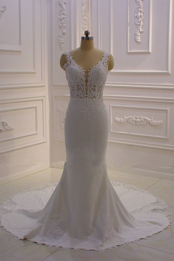 Classic Sleeveless Lace V-Neck Column White Court Train Wedding Dress