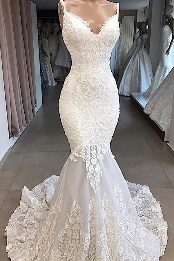 Classic Spaghetti Strap V-Neck White Sleeveless Mermaid Open Back Wedding Dress with Chapel Train